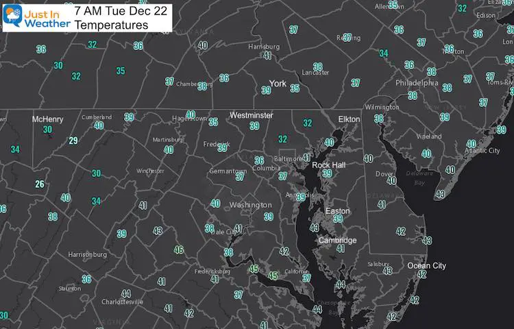 December 22 weather Tuesday morning temperatures 7 AM