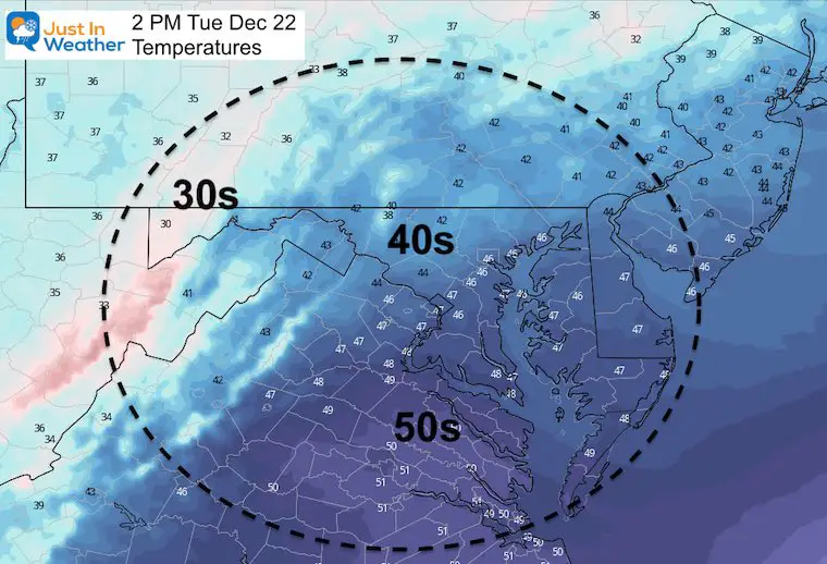 December 22 weather temperatures Tuesday afternoon