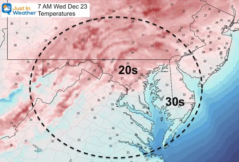 December 22 weather temperatures Wednesday morning