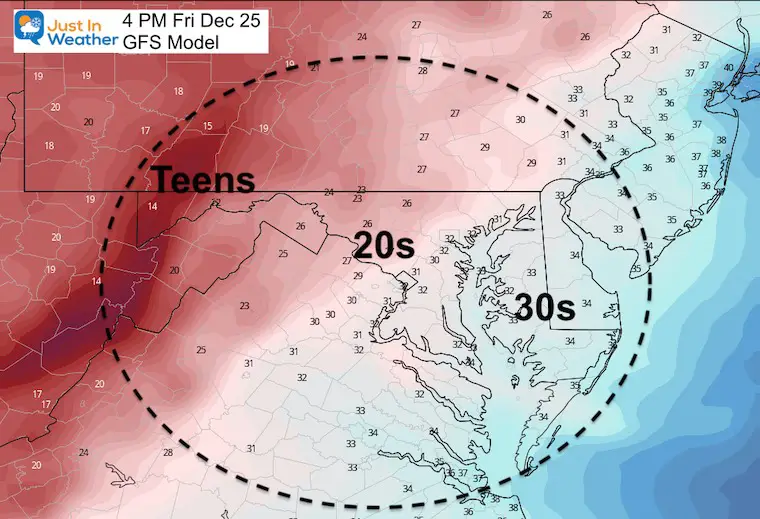 December 23 Christmas temperatures Friday 4 PM