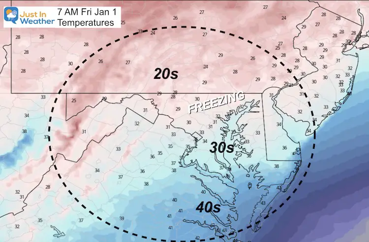 December 31 weather New Years Day temperatures Friday AM 7