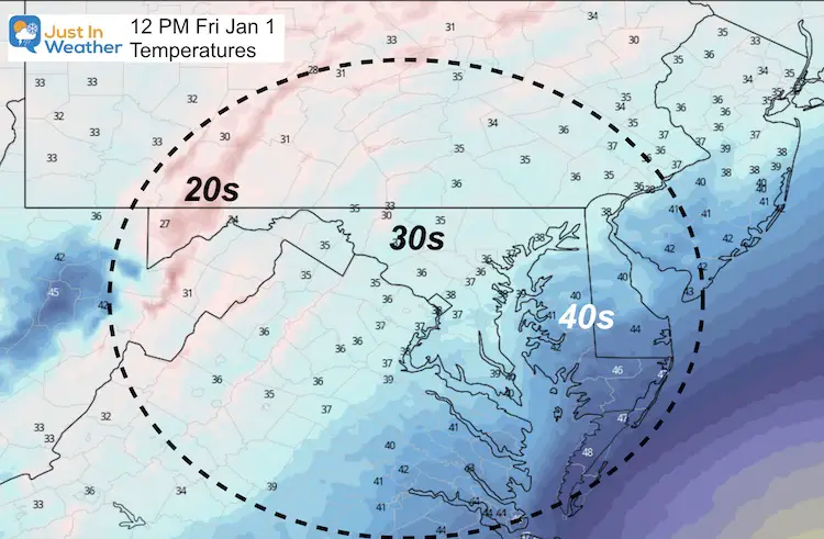 December 31 weather New Years Day temperatures Friday PM 12