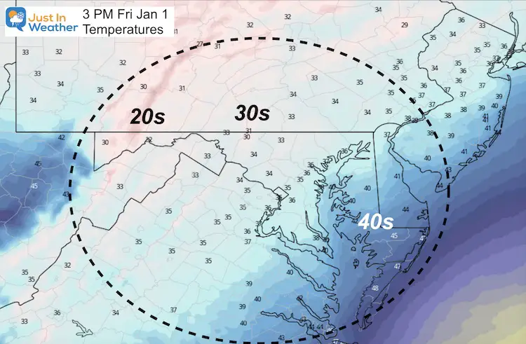 December 31 weather New Years Day temperatures Friday PM 3