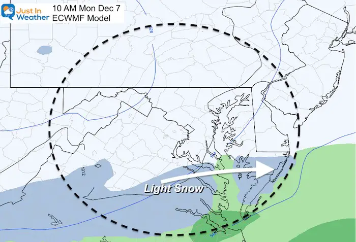 December 6 weather snow Monday 10AM ECMWF