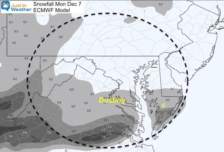 December 7 snowfall Monday ECMWF