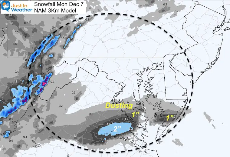 December 7 snowfall Monday NAM 3Km