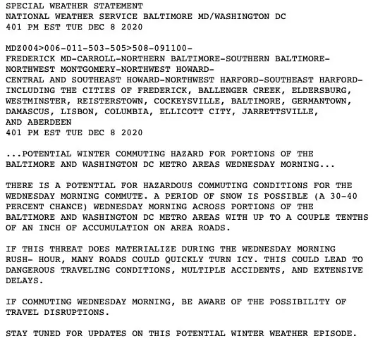 December 8 snow NWS Special Weather Statement