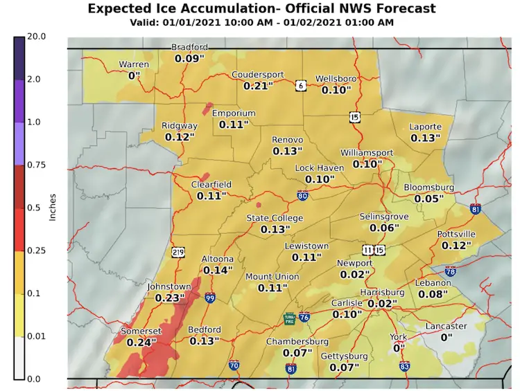 Ice Storm Accumulation New Years Day January 1 Pennsylvania