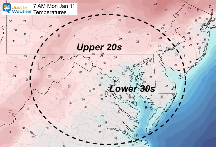 January 10 weather temperatures Monday morning