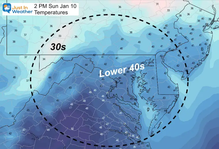 January 10 weather temperatures Sunday afternoon