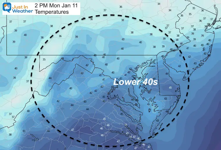 January 11 weather temperatures Monday afternoon