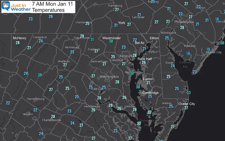 January 11 weather temperatures Monday morning