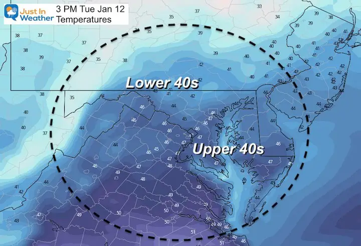 January 11 weather temperatures Tuesday afternoon