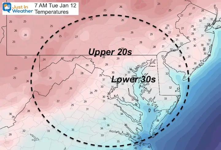 January 11 weather temperatures Tuesday morning