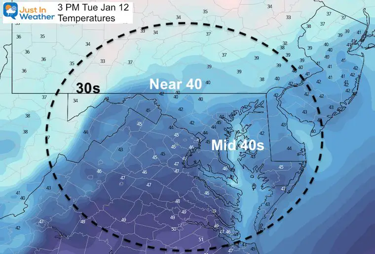 January 12 weather temperatures Tuesday afternoon