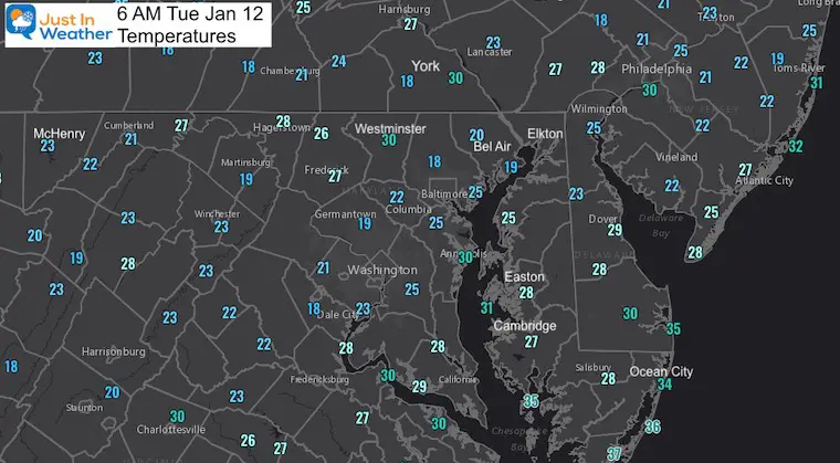 January 12 weather temperatures Tuesday morning