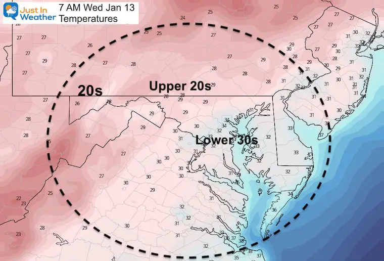 January 12 weather temperatures Wednesday morning