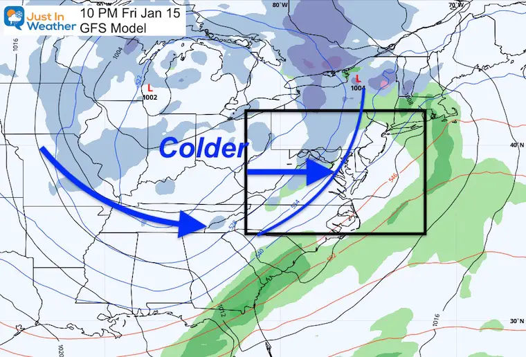 January 13 weather Friday evening snow rain GFS