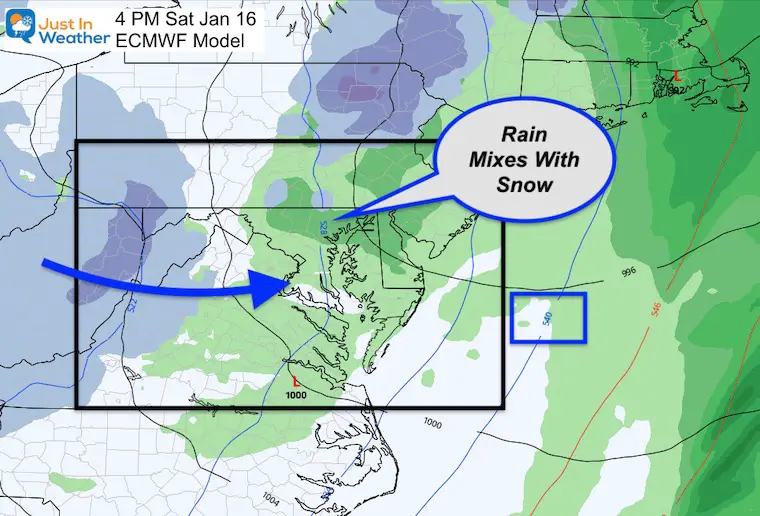 January 13 weather Saturday afternoon snow rain ECMWF