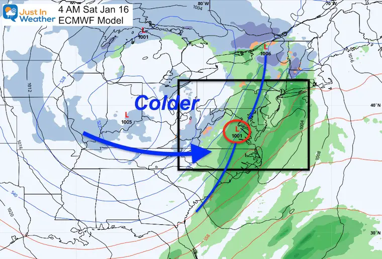 January 13 weather Saturday morning snow rain ECMWF