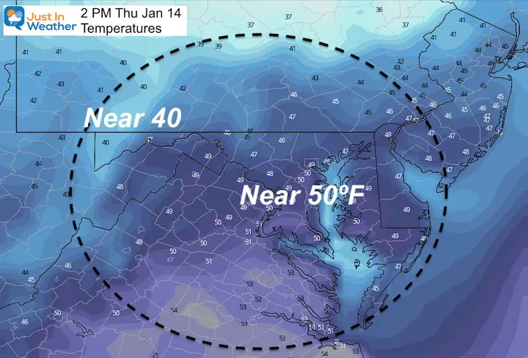 January 13 weather temperatures Thursday afternoon