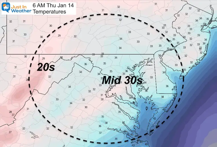 January 13 weather temperatures Thursday morning