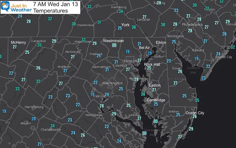 January 13 weather temperatures Wednesday morning