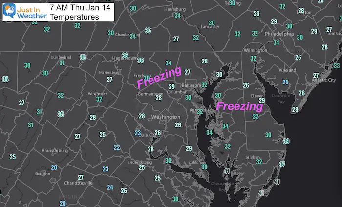 January 14 weather freezing temperatures Thursday morning