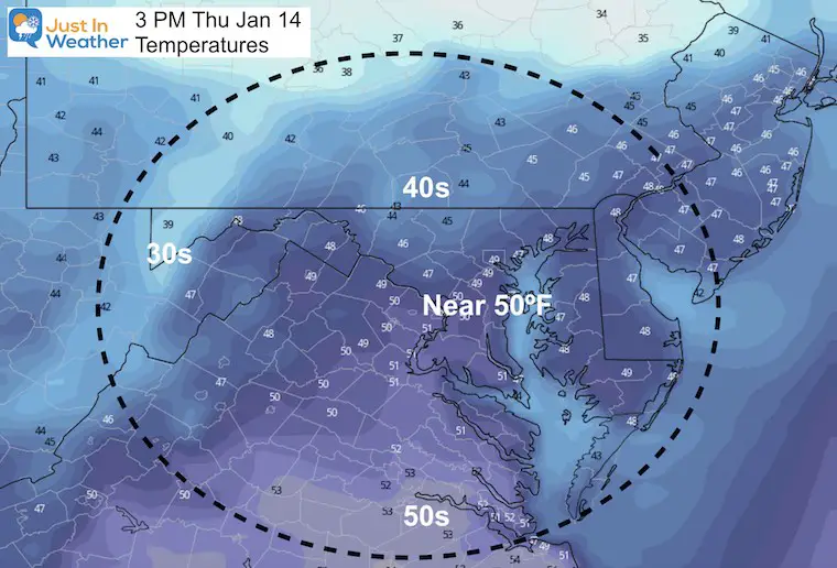 January 14 weather temperatures Thursday afternoon