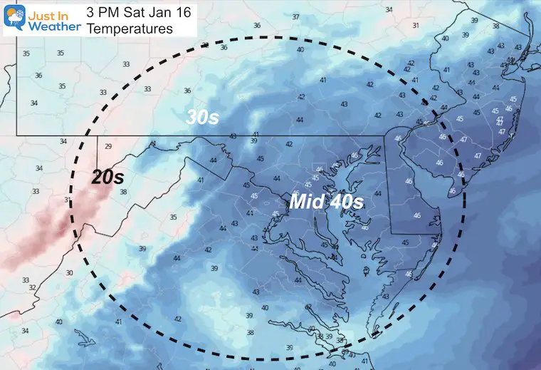 January 16 weather temperatures Saturday afternoon