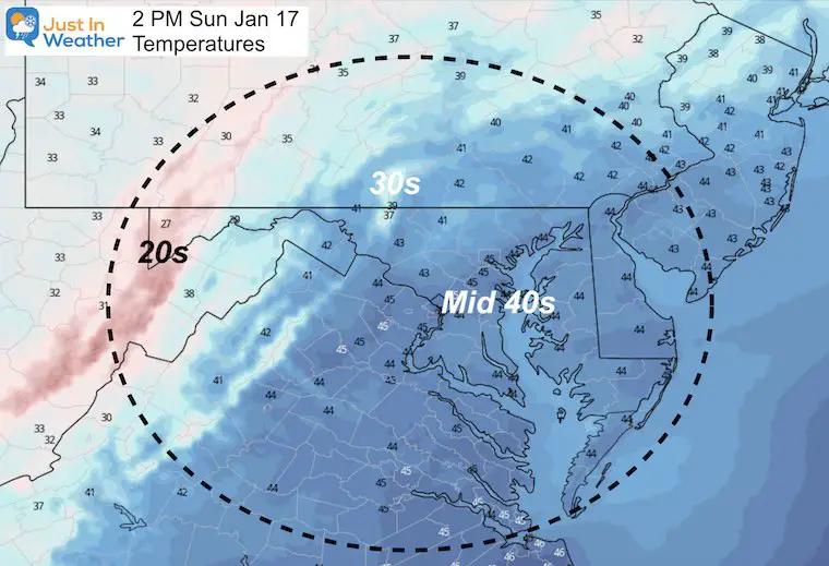 January 16 weather temperatures Sunday afternoon