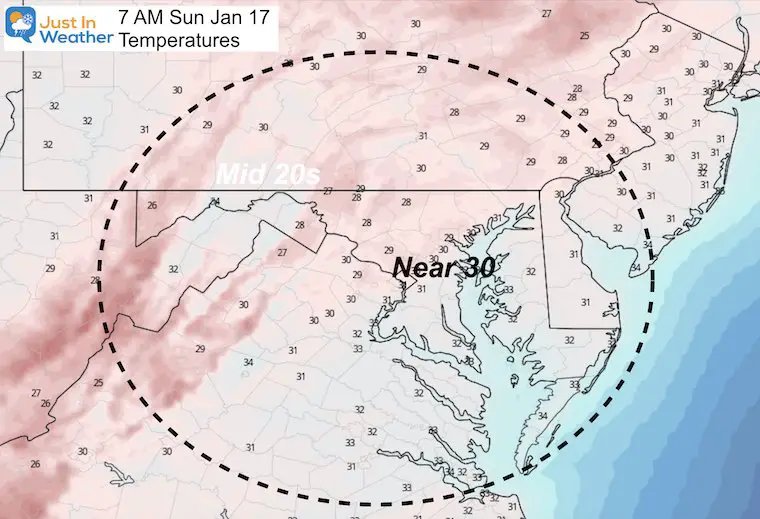 January 16 weather temperatures Sunday morning