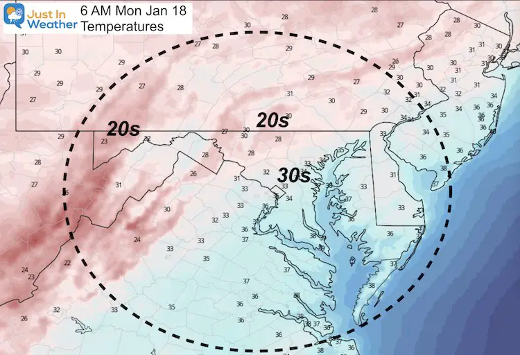 January 17 weather temperatures Monday morning