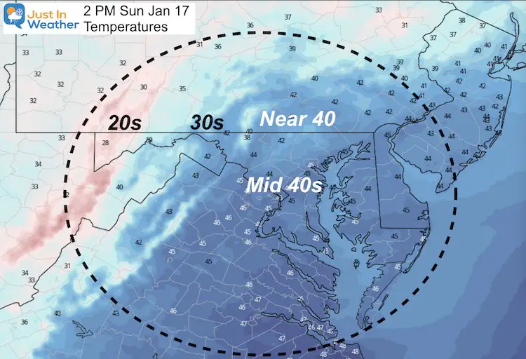 January 17 weather temperatures Sunday afternoon