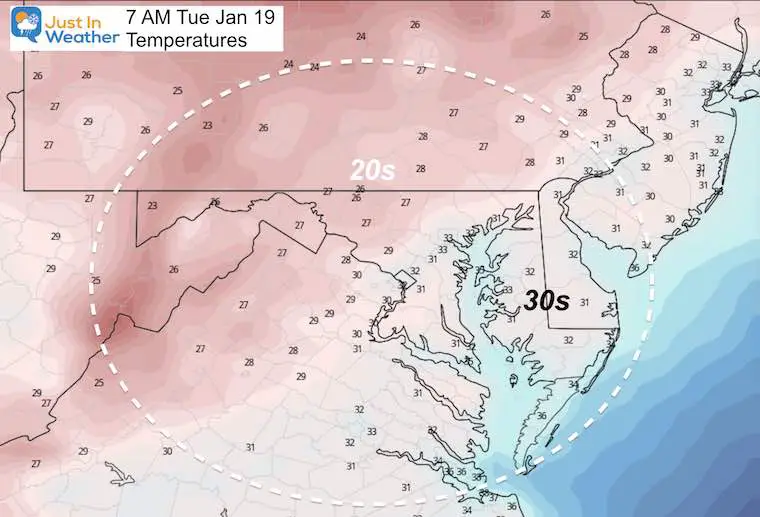 January 18 MLK Day weather temperatures Tuesday morning