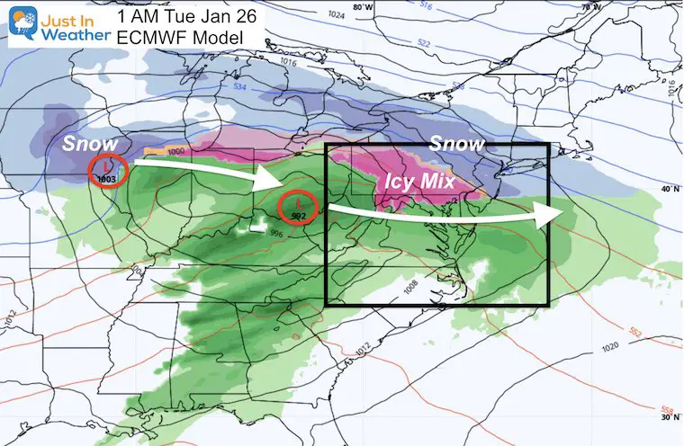 January 19 weather snow ice rain next Tuesday Euro AM