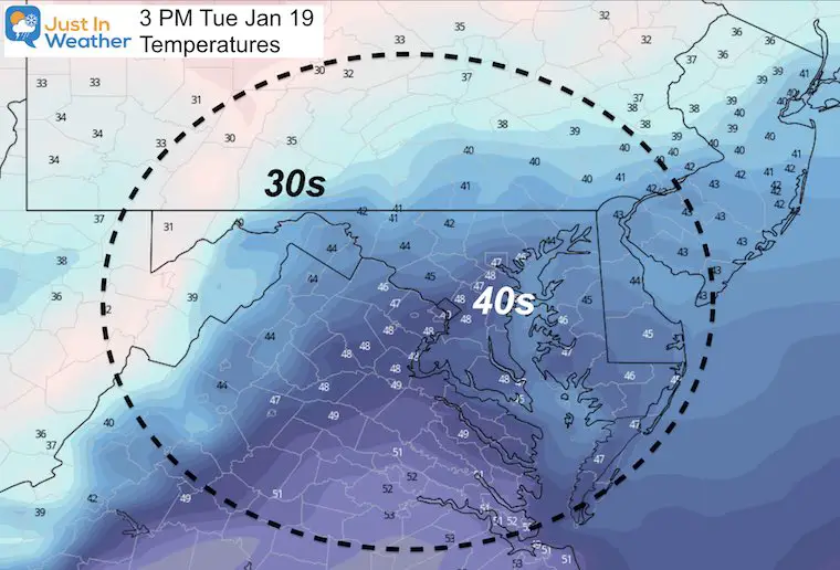 January 19 weather temperature Tuesday afternoon