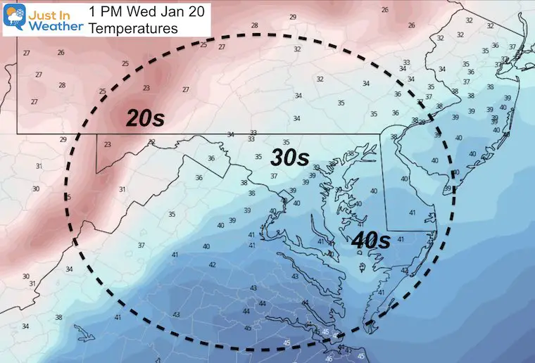 January 19 weather temperature Wednesday afternoon