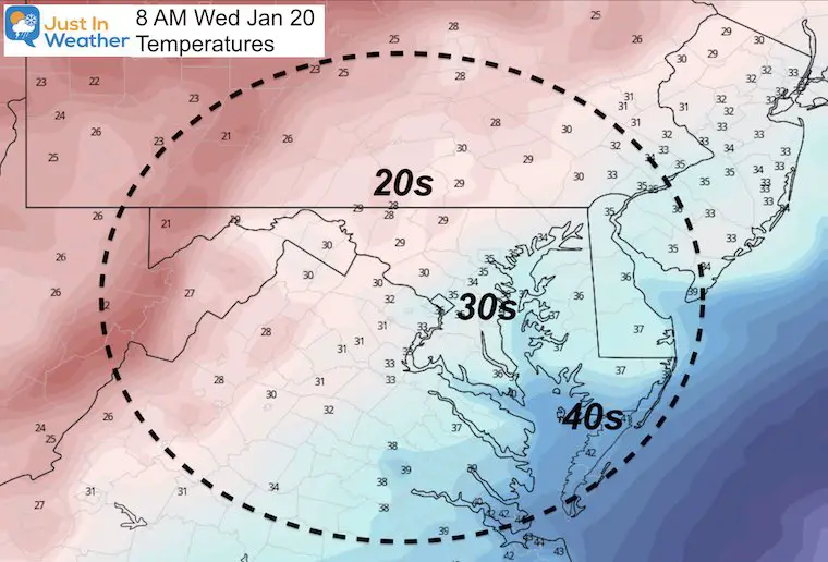 January 19 weather temperature Wednesday morning