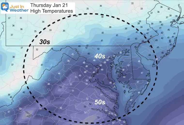 January 20 weather Thursday temperatures afternoon