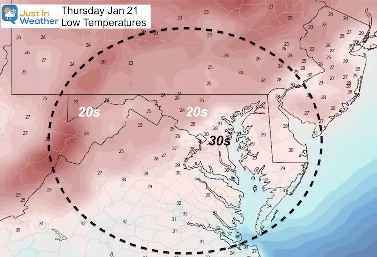 January 20 weather Thursday temperatures morning