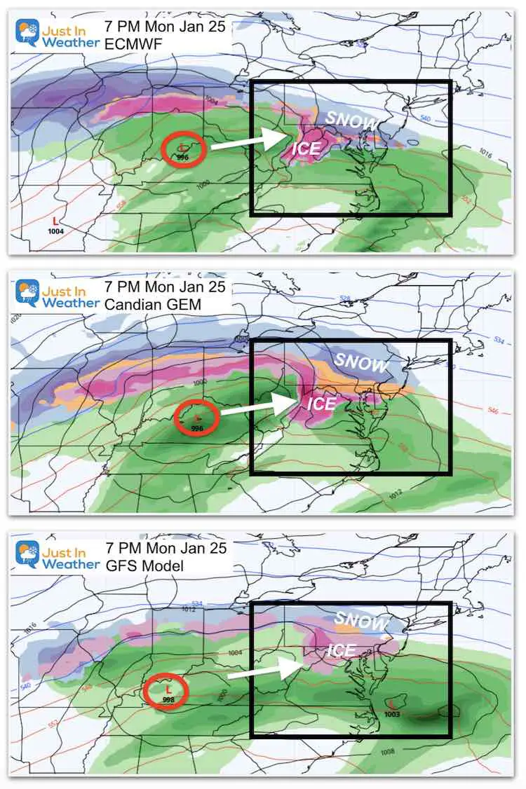 January 21 storm snow ice Monday Evening 3 Models