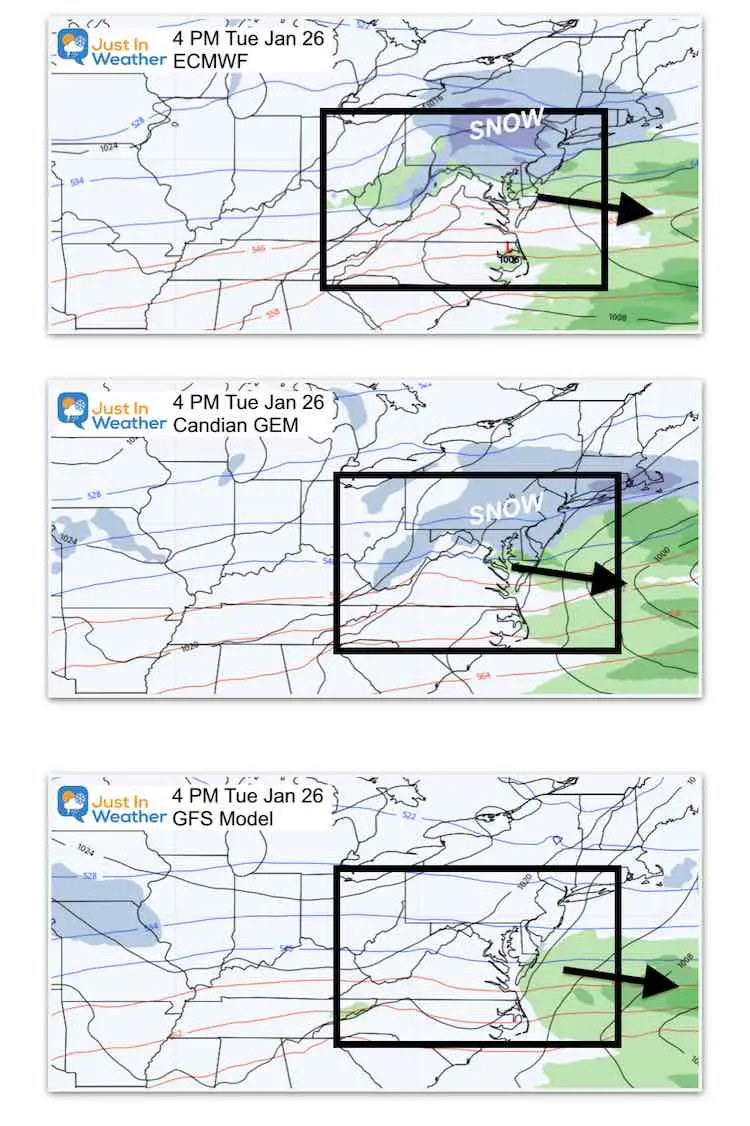 January 21 storm snow ice Tuesday Afternoon 3 Models