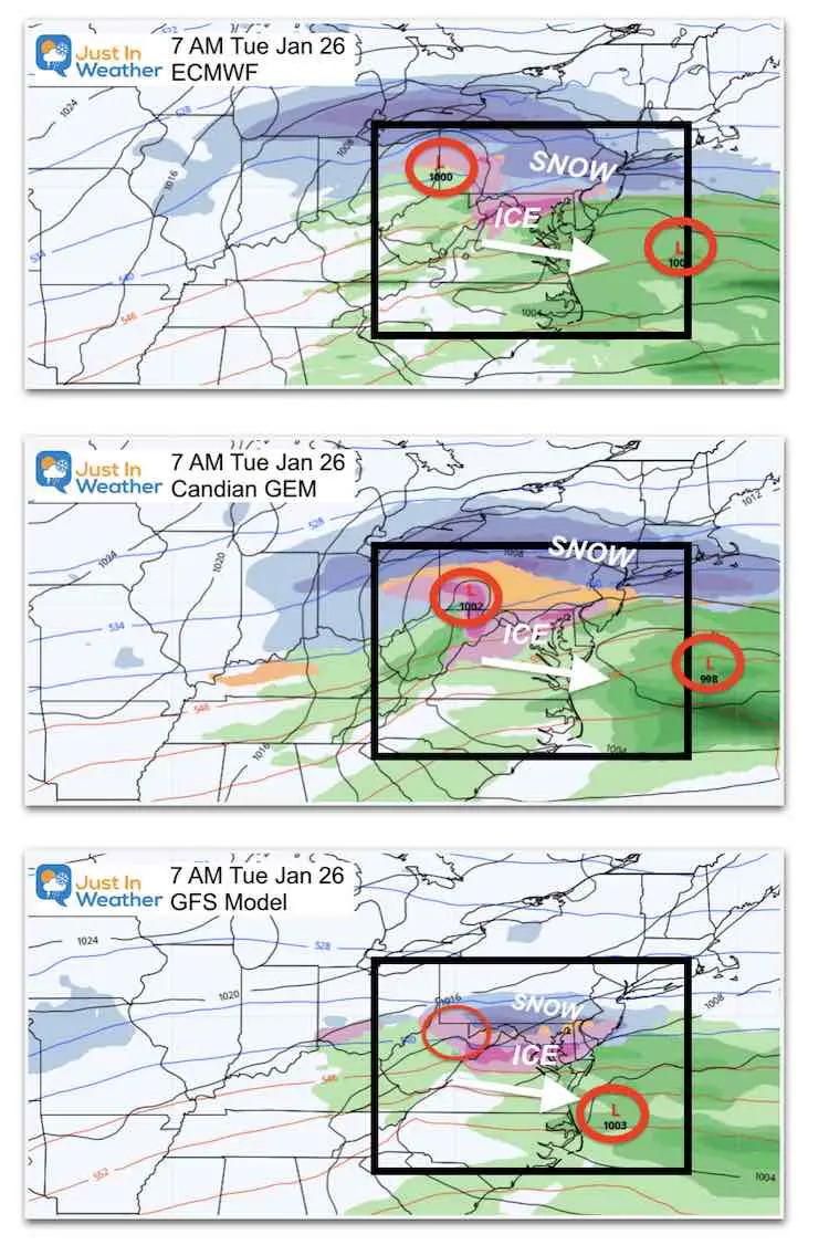 January 21 storm snow ice Tuesday Morning 3 Models