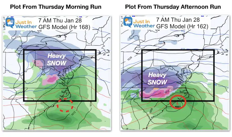 January 21 weather snow Thursday morning GFS Compariso