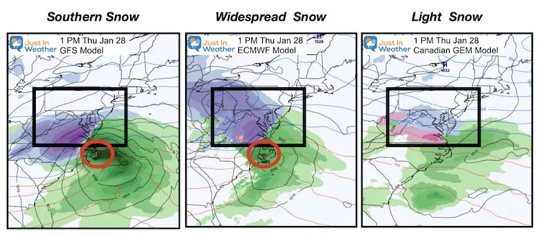 January 21 weather storm snow Thursday Afternoon 3 models