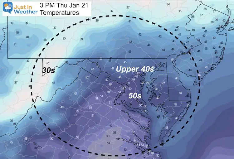 January 21 weather temperatures Thursday afternoon