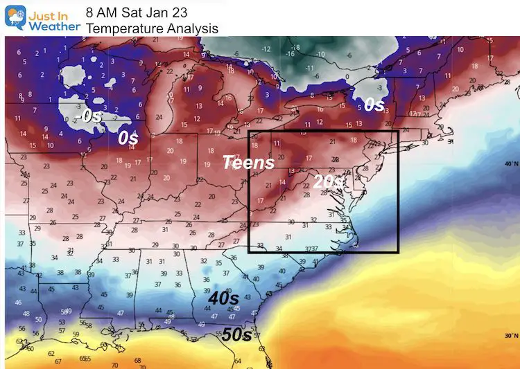 January 23 weather temperatures Saturday East US