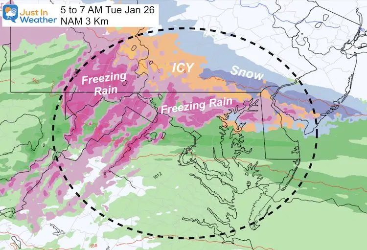 January 24 weather ice storm Tuesday 7 AM