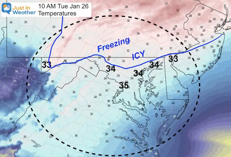 January 24 weather ice storm temperatures Tuesday 10 AM